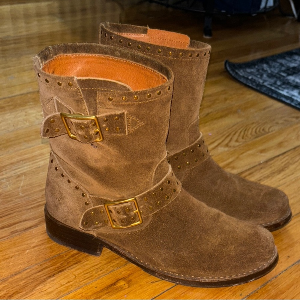 Frye Brown Combat Moto Boots with Buckle Straps size 8.5